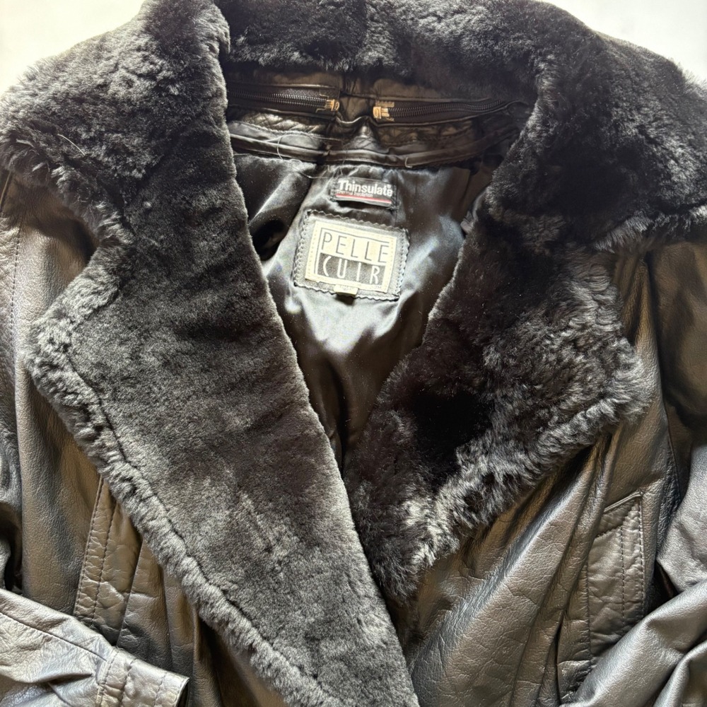 VTG Pelle Cuir Small Black Leather‎ Bomber Jacket Mouton Fur Thinsulate #1704